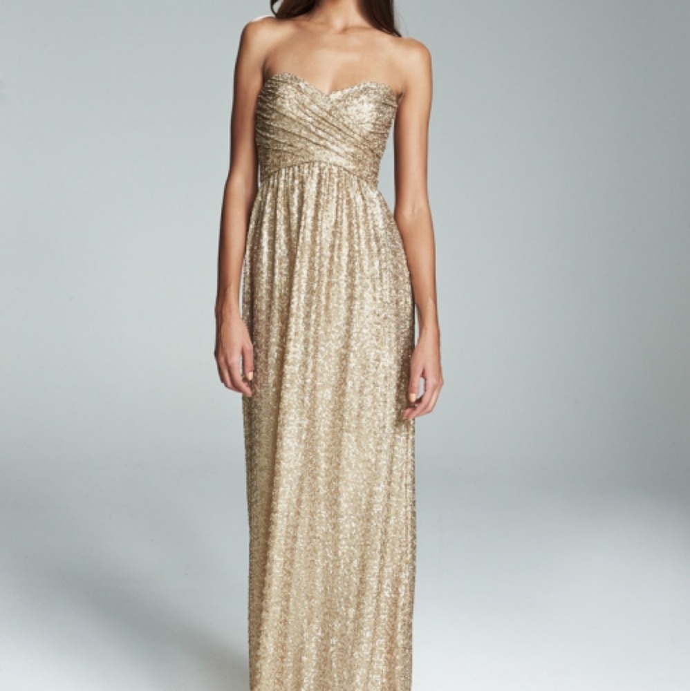 Amsale gold sequin bridesmaid dress